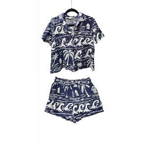 C&C California Hawaiian Button Up Shirt & Short Set Linen‎ Blend Womens Medium